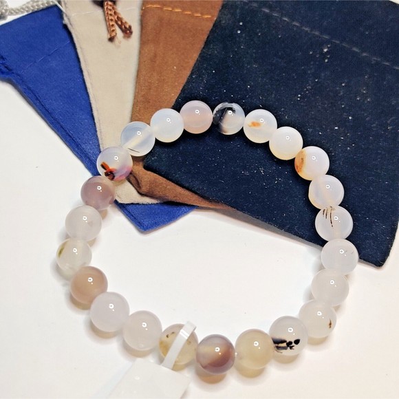 White Agate Stretch Bracelet 8mm round natural stone includes felt pouch-B815 - Picture 3 of 12